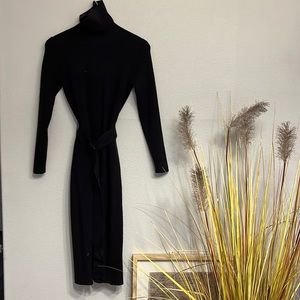 Ann Taylor Chic Black Belted Midi Turtleneck Sweater Dress Size Small
